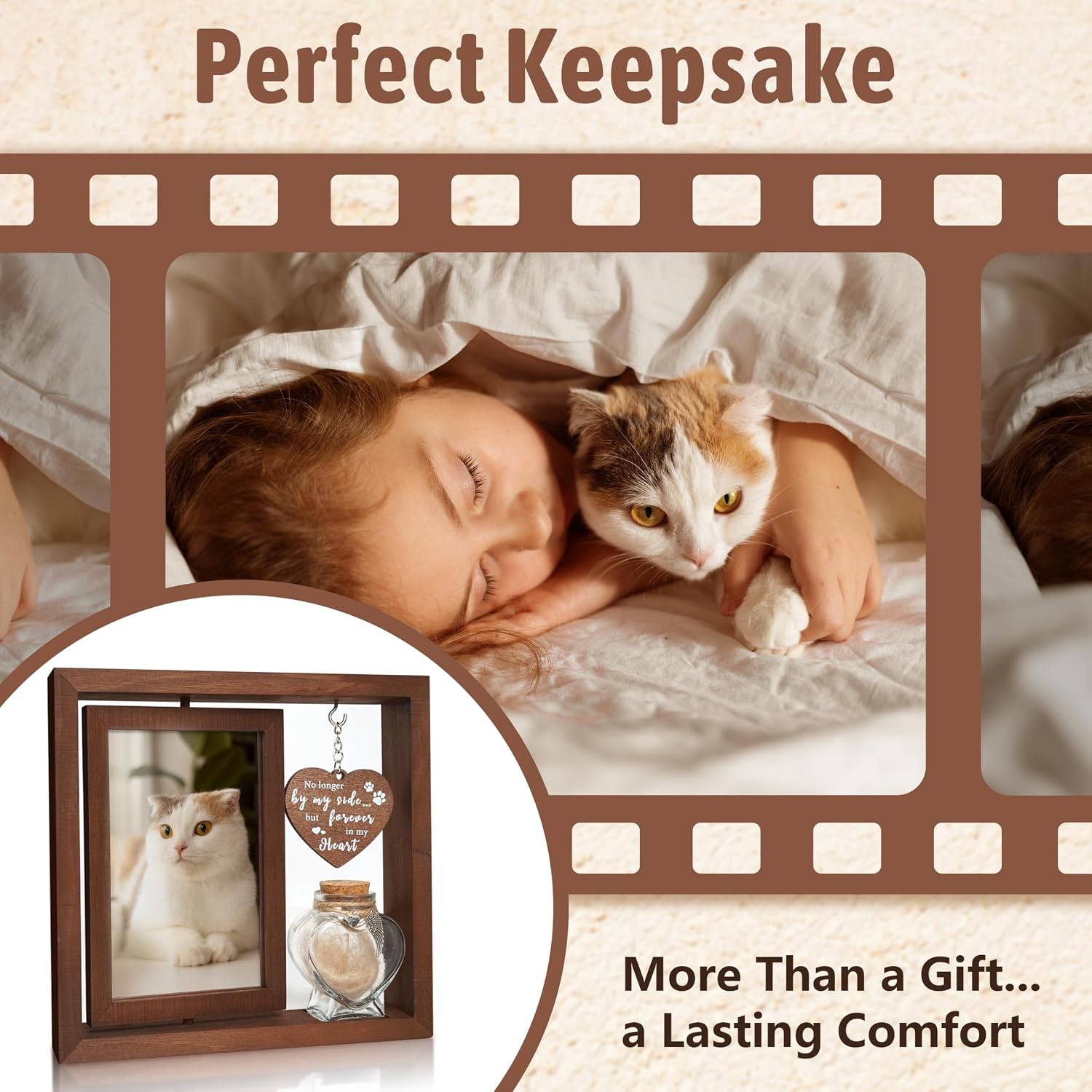 Rainbow Bridge sympathy gift for cat lovers featuring rotating photo slot.