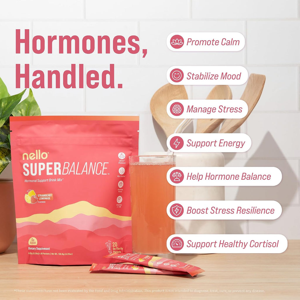 Nello Superbalance Hormonal Support Drink Mix, SRI-81 Shatavari, Myo-Inositol, Rhodiola Rosea, Vitamin C, Magnesium, Theobromine (20 Servings, Strawberry Lemonade) - Image 3