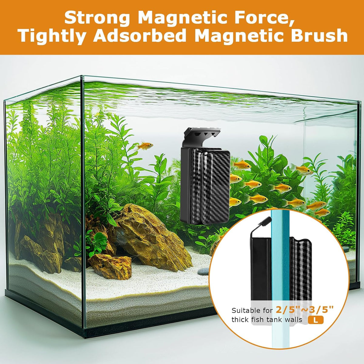 Strong magnetic algae removal brush demonstrating glass and acrylic tank cleaning action.