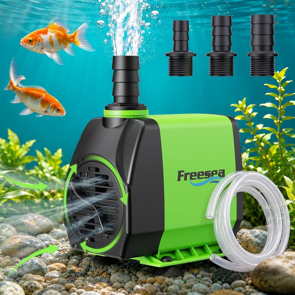 FREESEA submersible water pump front view showcasing its compact black and green housing for pond use.