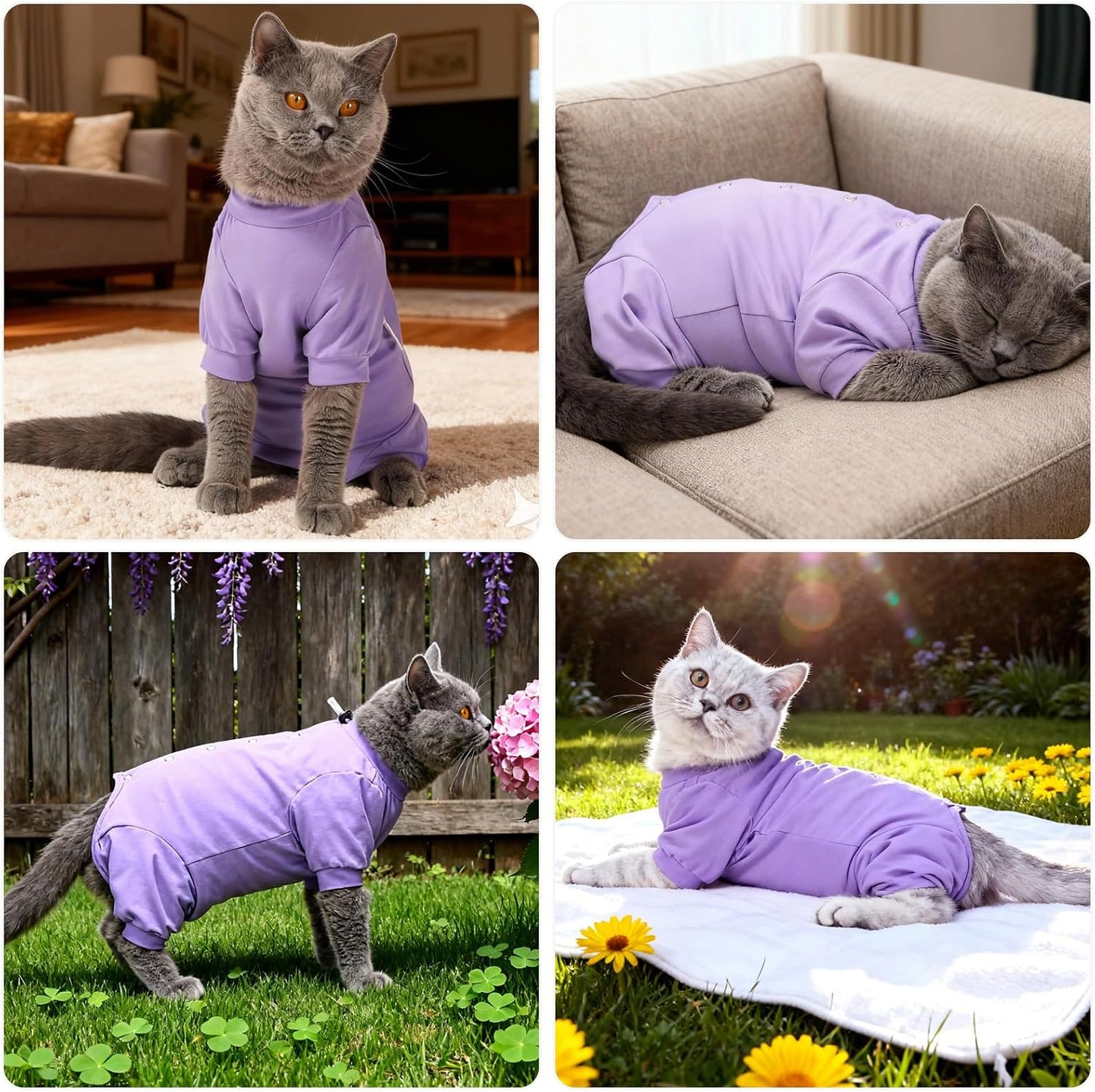 Cat comfortably moving while wearing spay recovery suit