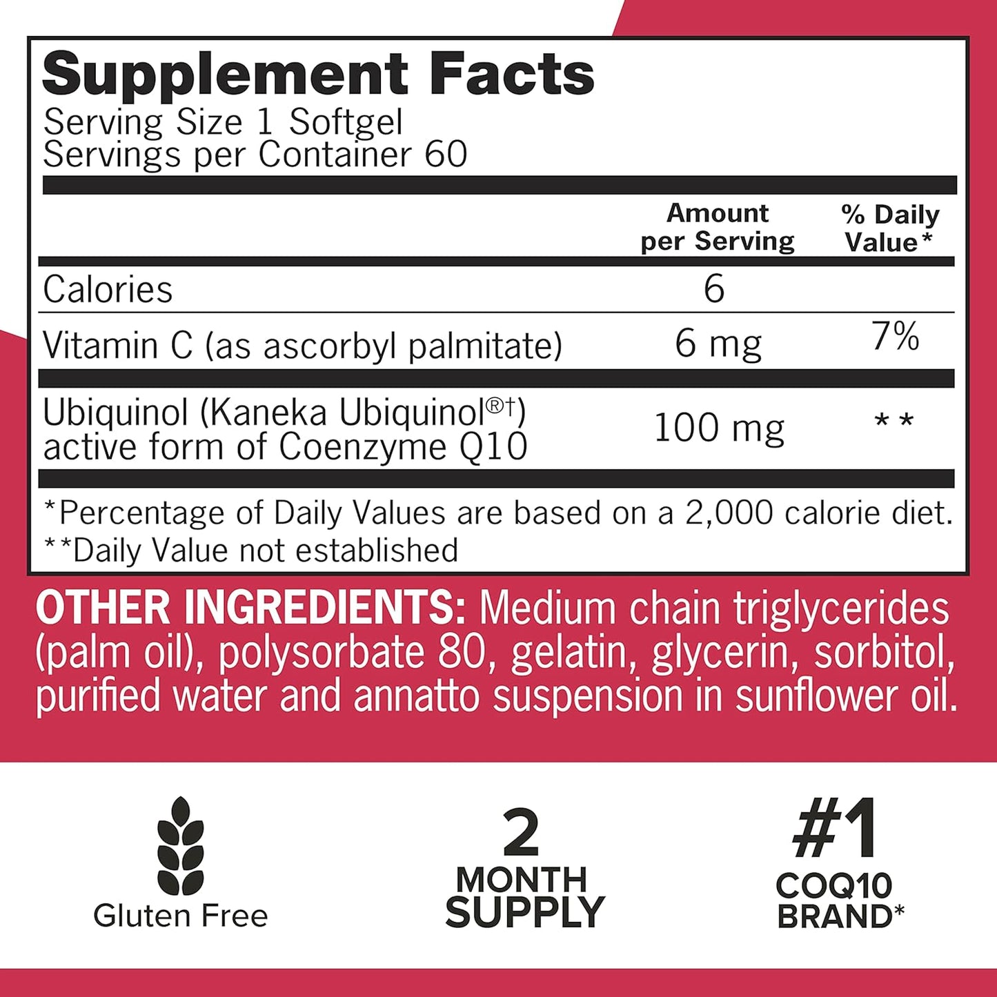 Back label of Qunol Coenzyme Q10 supplement listing ingredients and dietary attributes.
