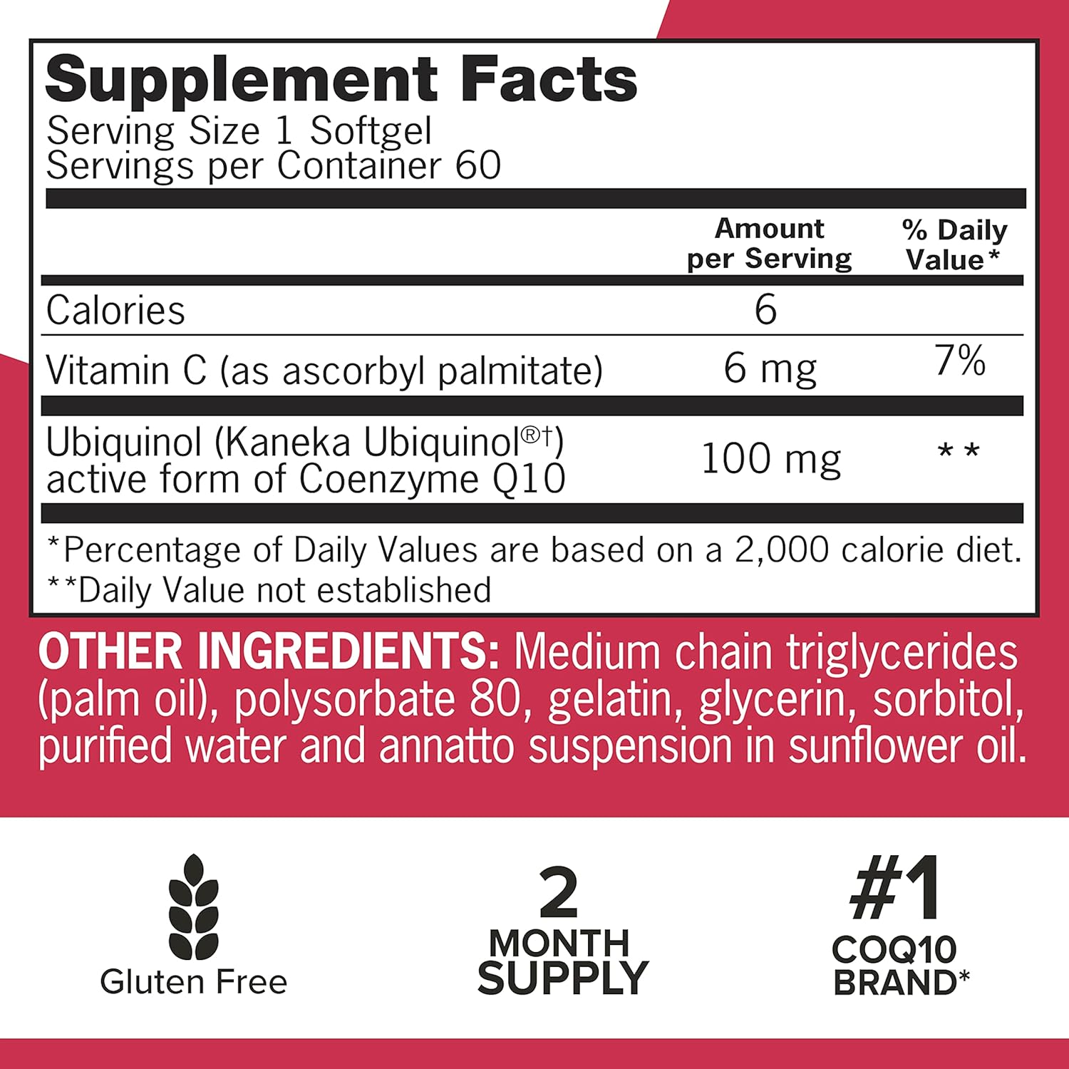 Back label of Qunol Coenzyme Q10 supplement listing ingredients and dietary attributes.