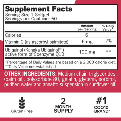 Back label of Qunol Coenzyme Q10 supplement listing ingredients and dietary attributes.