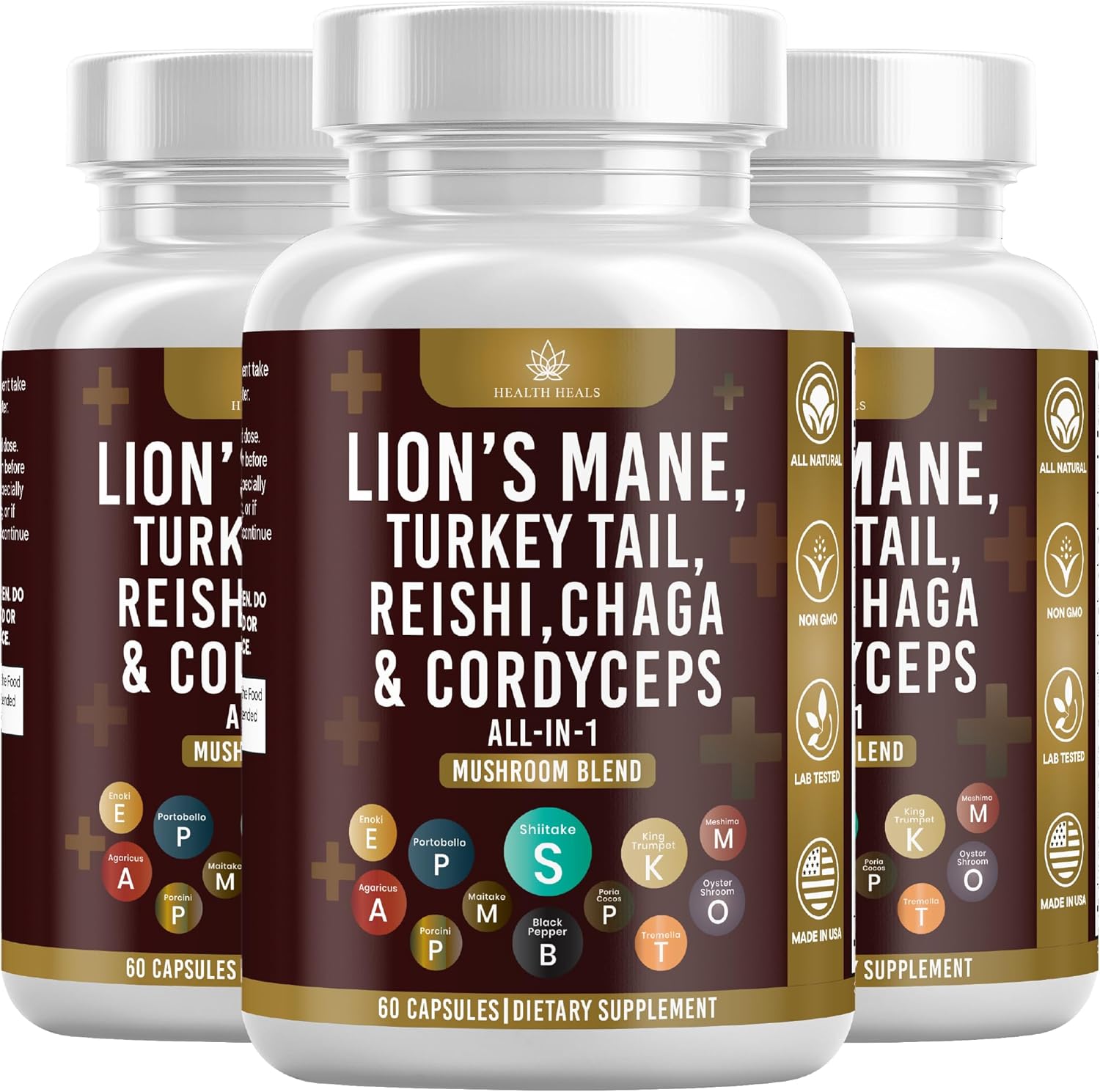 Health Heals Mushroom Supplement bottle front view for immune support