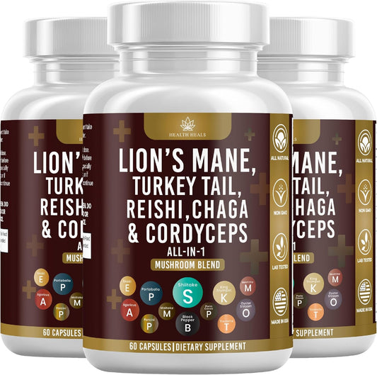 Health Heals Mushroom Supplement bottle front view for immune support