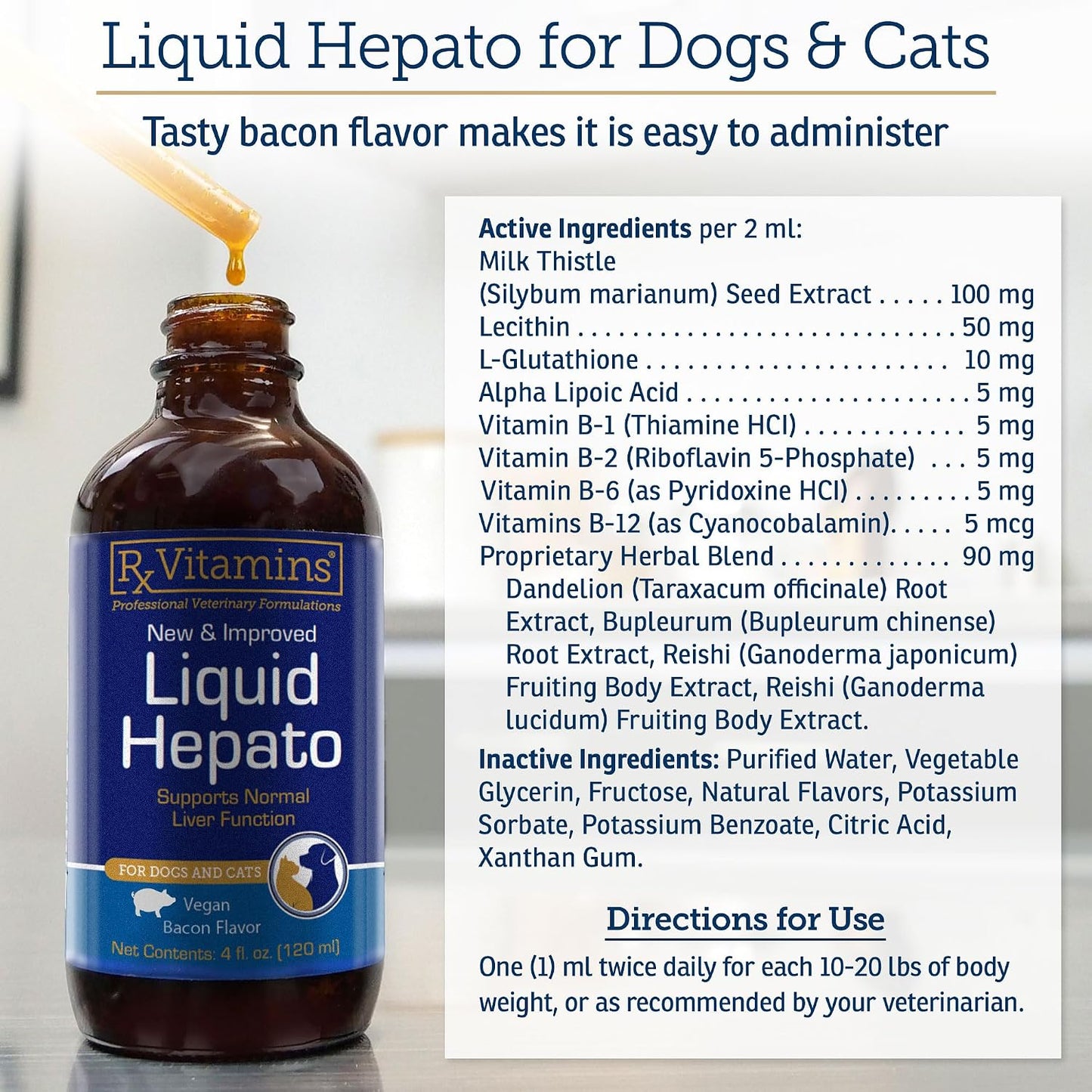 Back label of Rx Vitamins Liquid Hepato Support for cats and dogs