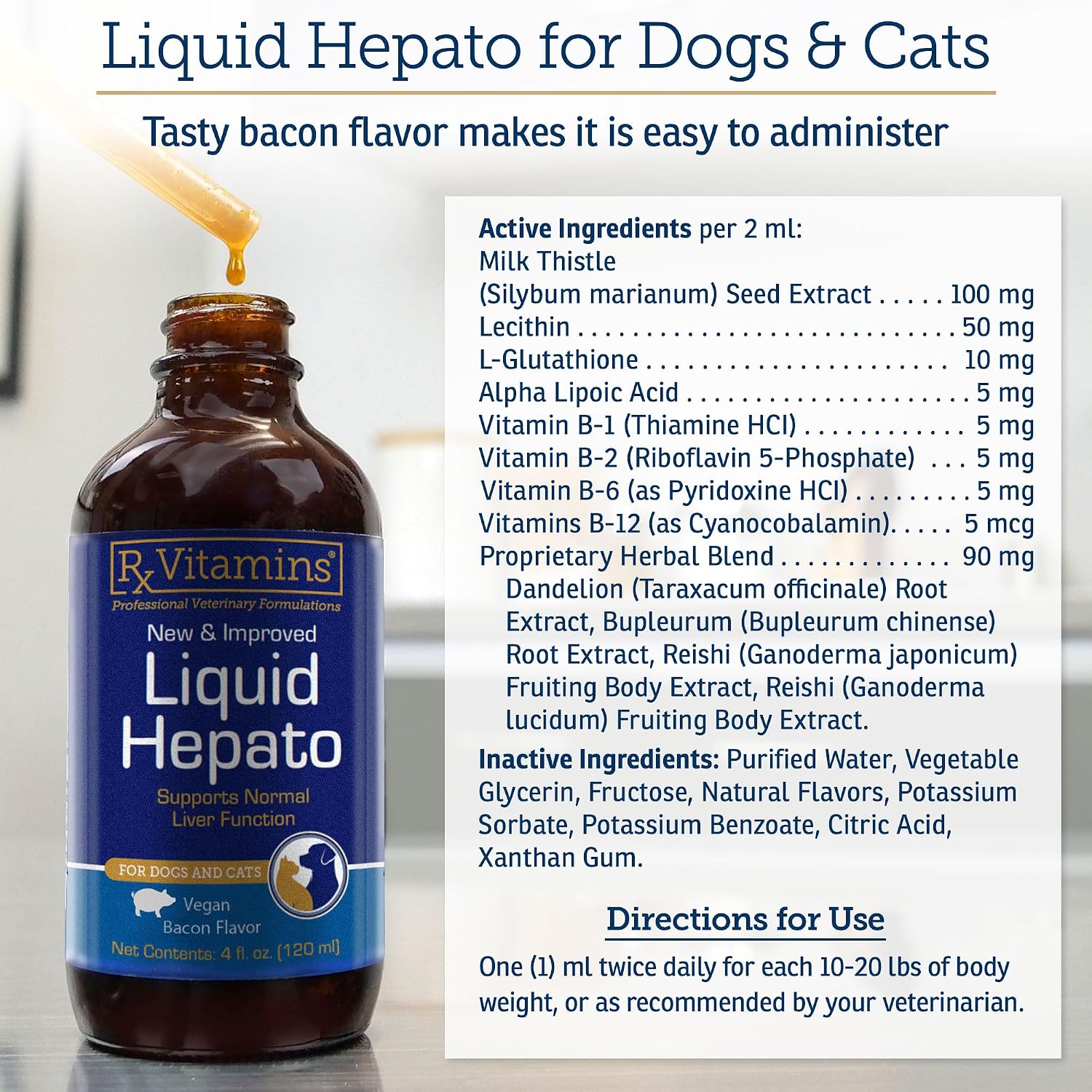 Back label of Rx Vitamins Liquid Hepato Support for cats and dogs