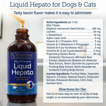 Back label of Rx Vitamins Liquid Hepato Support for cats and dogs