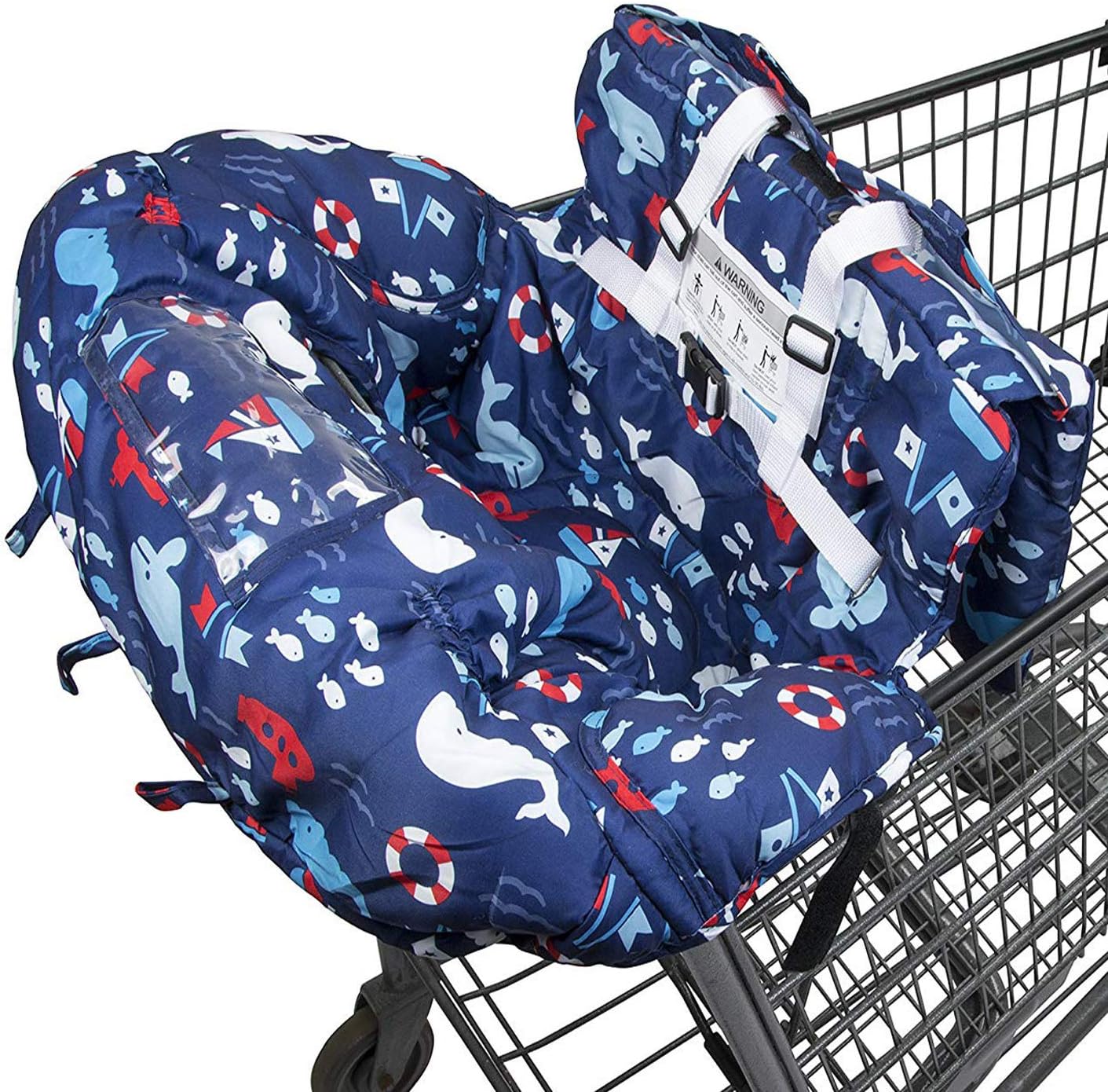 MURPHYfine baby shopping cart cover front view in blue whale design