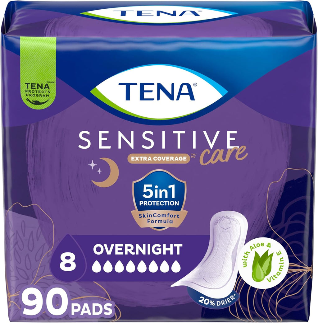 TENA Sensitive Care Overnight Incontinence Pads 90 count front pack shot