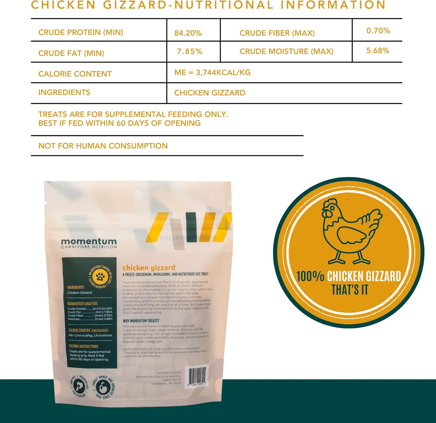 Single ingredient grain free chicken gizzard cat treats bag