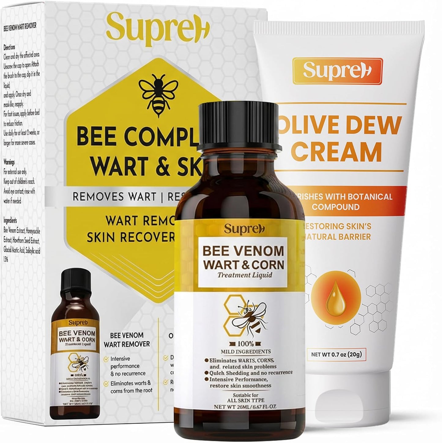 SupreH Bee Venom Wart Remover kit front view showing liquid bottle and restore cream.