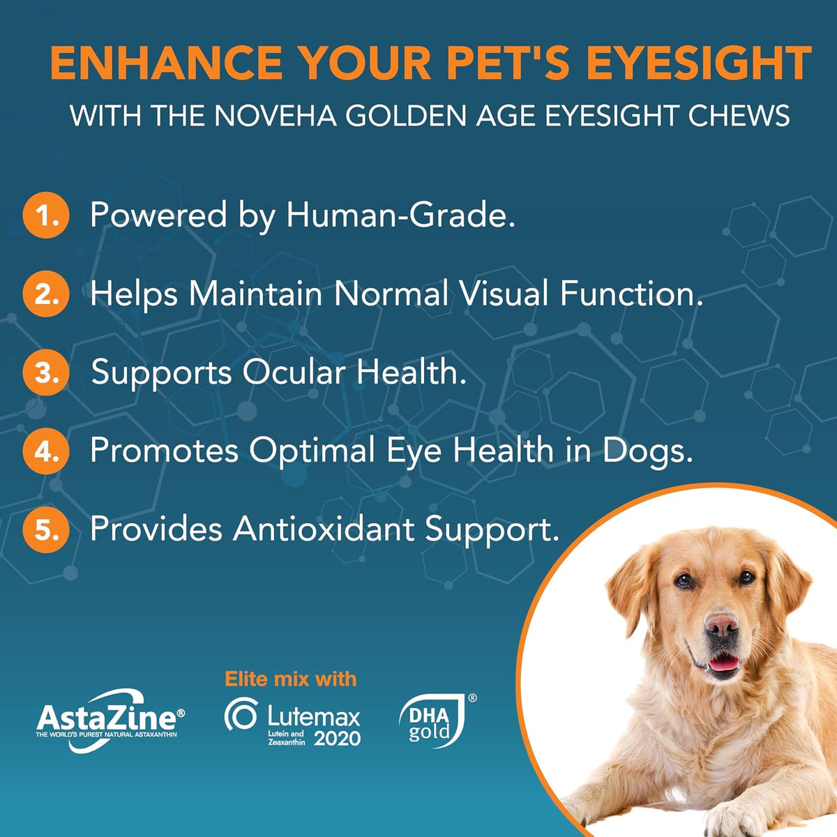 Noveha eye supplement ninety soft chews for visual clarity in dogs.