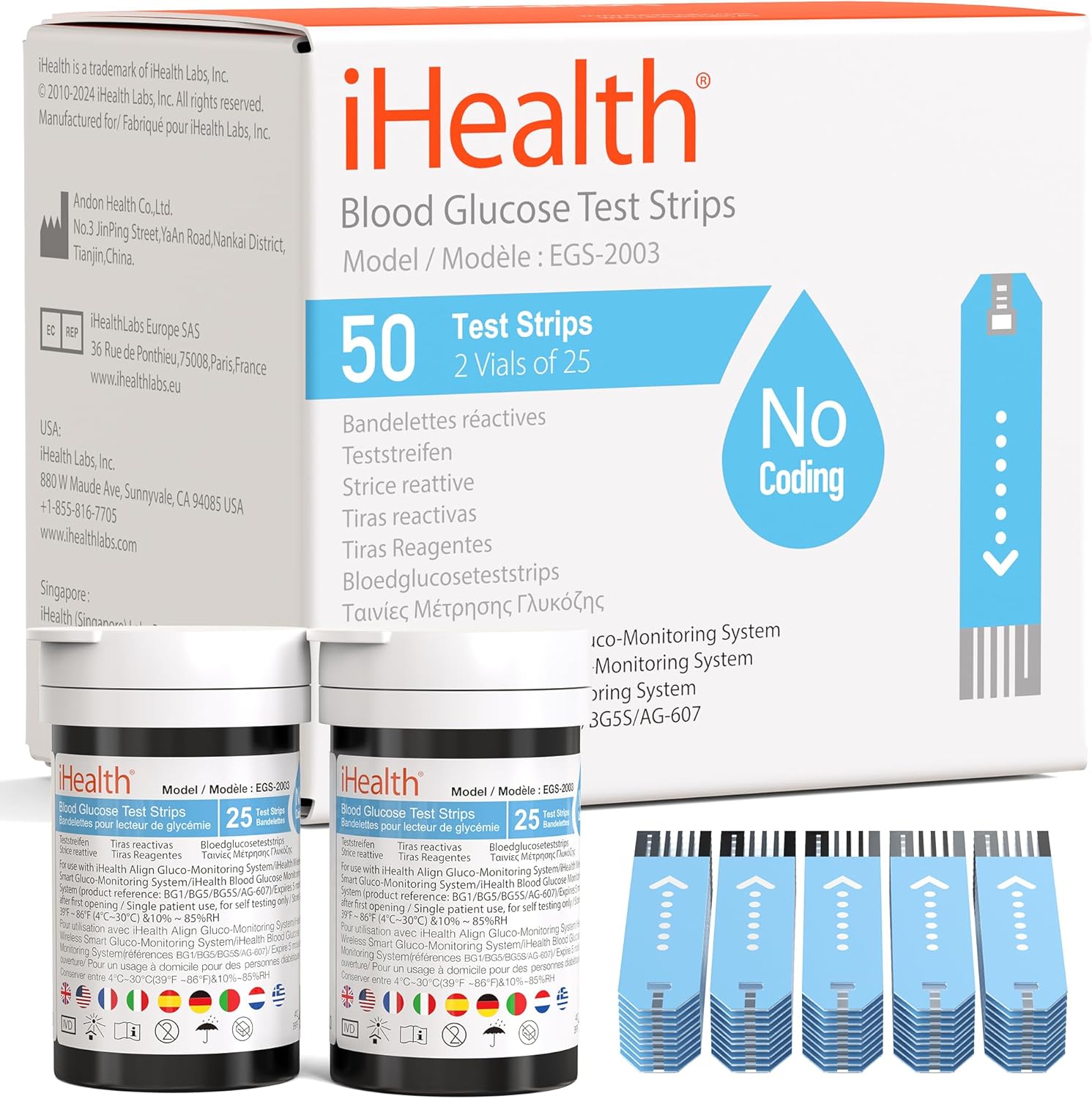 iHealth blood glucose test strips fifty count box front view for diabetic tracking