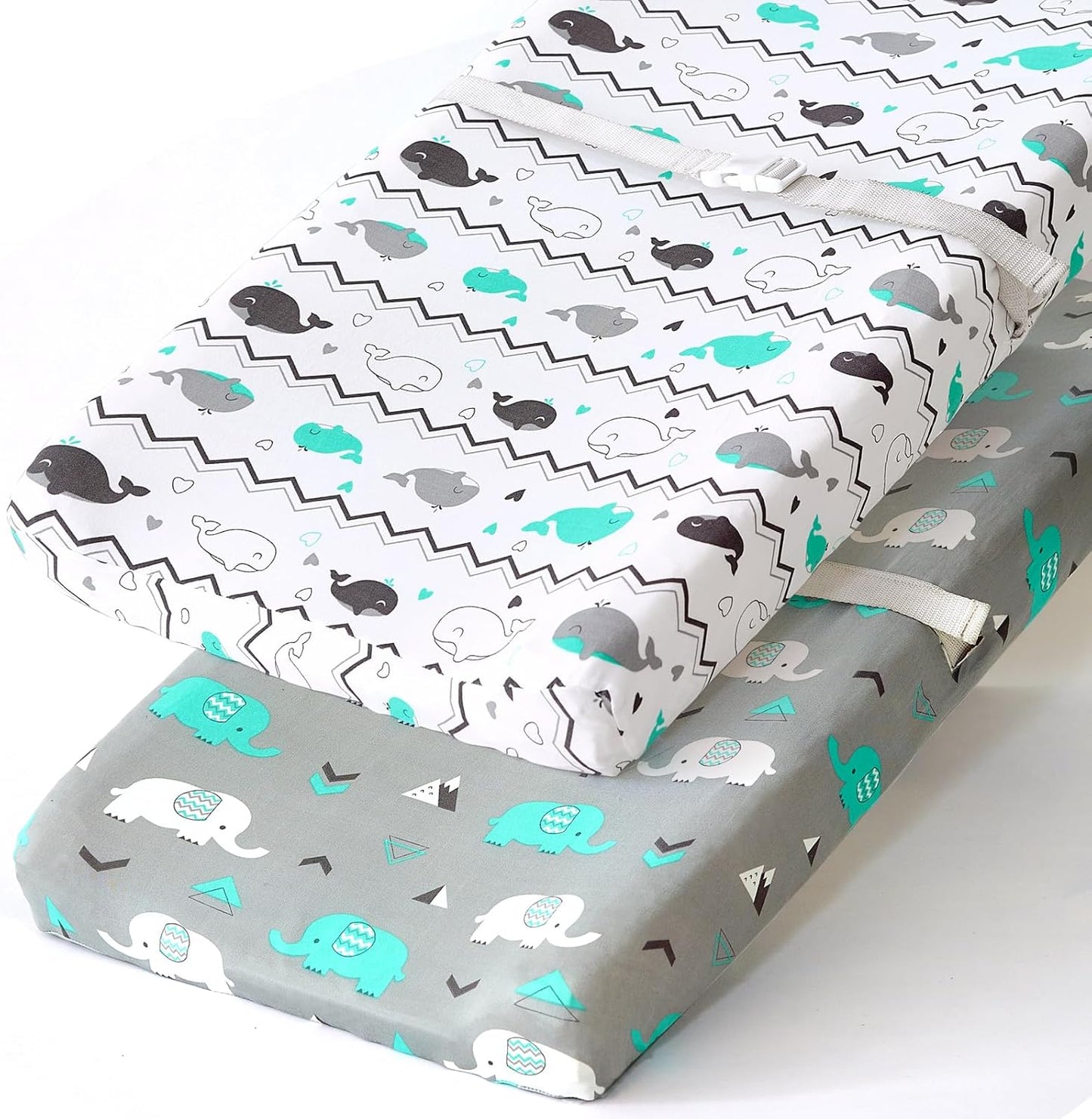 BROLEX stretchy changing pad covers front view featuring grey elephant and teal whale prints