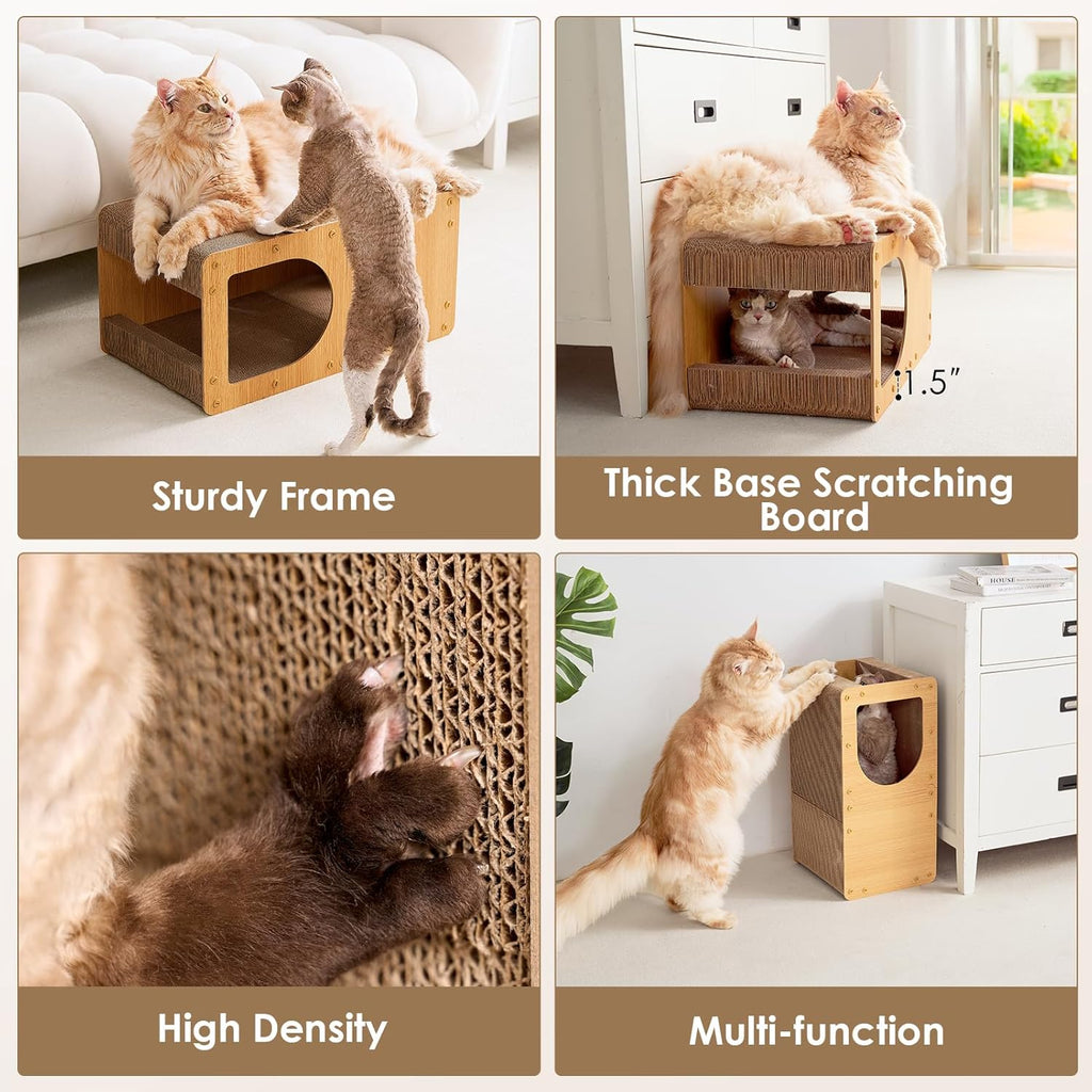 Domestic cat relaxing inside Eheyciga cardboard cat house