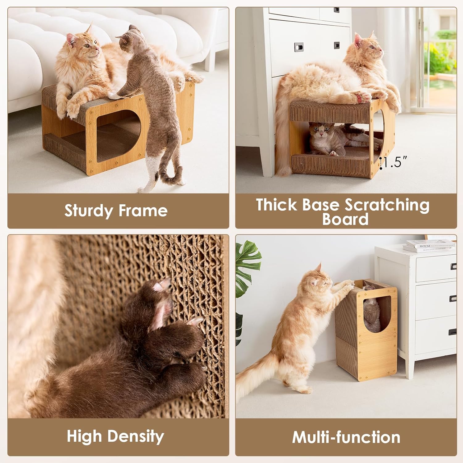 Domestic cat relaxing inside Eheyciga cardboard cat house