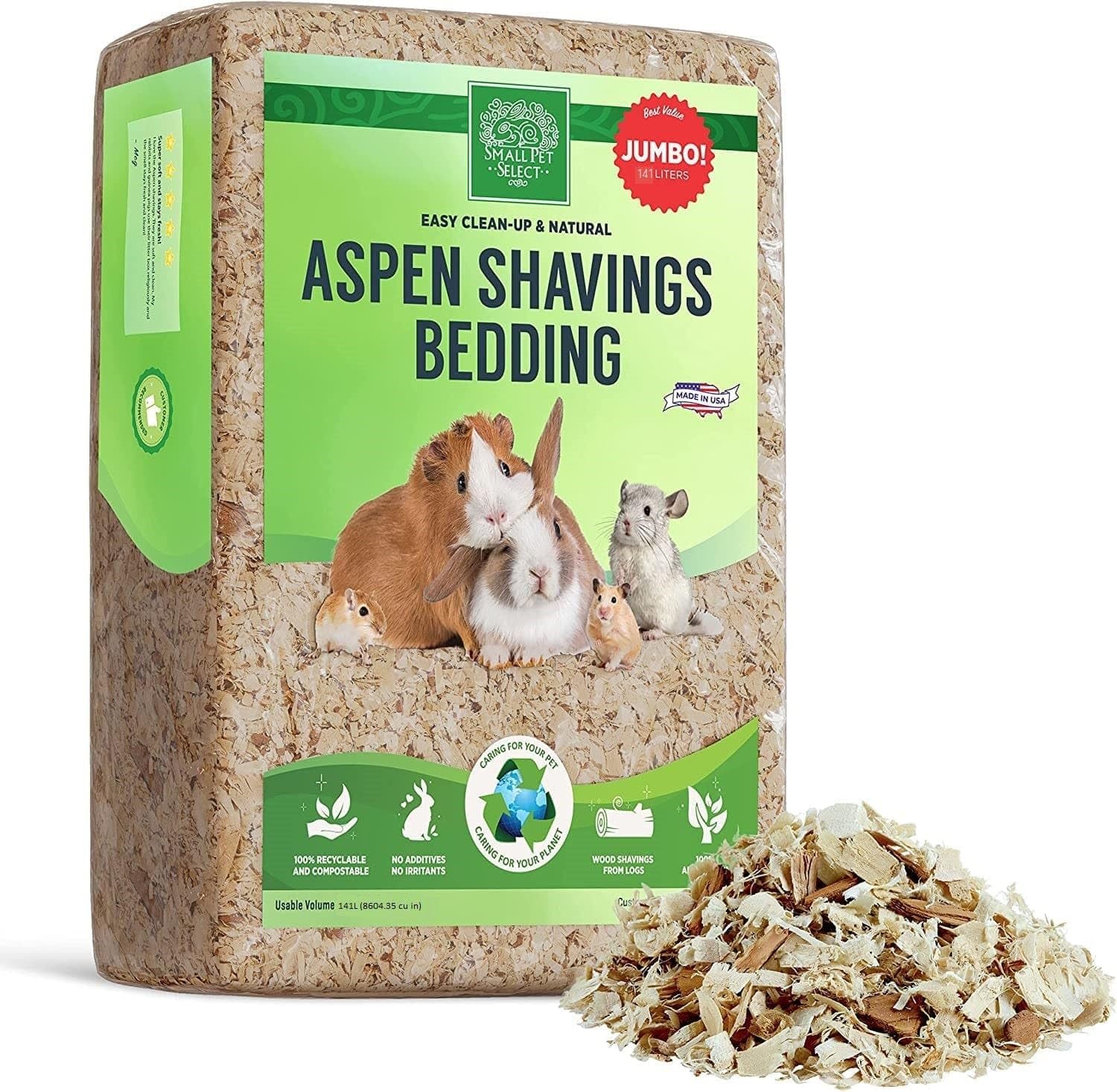 Small Pet Select Premium Natural Aspen Bedding front view of jumbo 141 liter pack