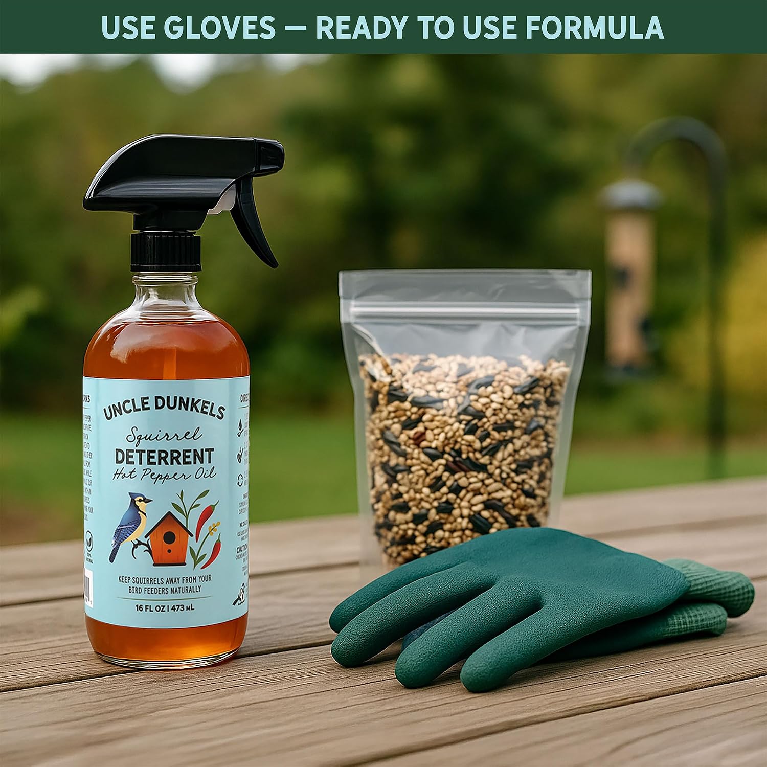 Uncle Dunkels spicy pepper liquid coating applied to wild bird food mix