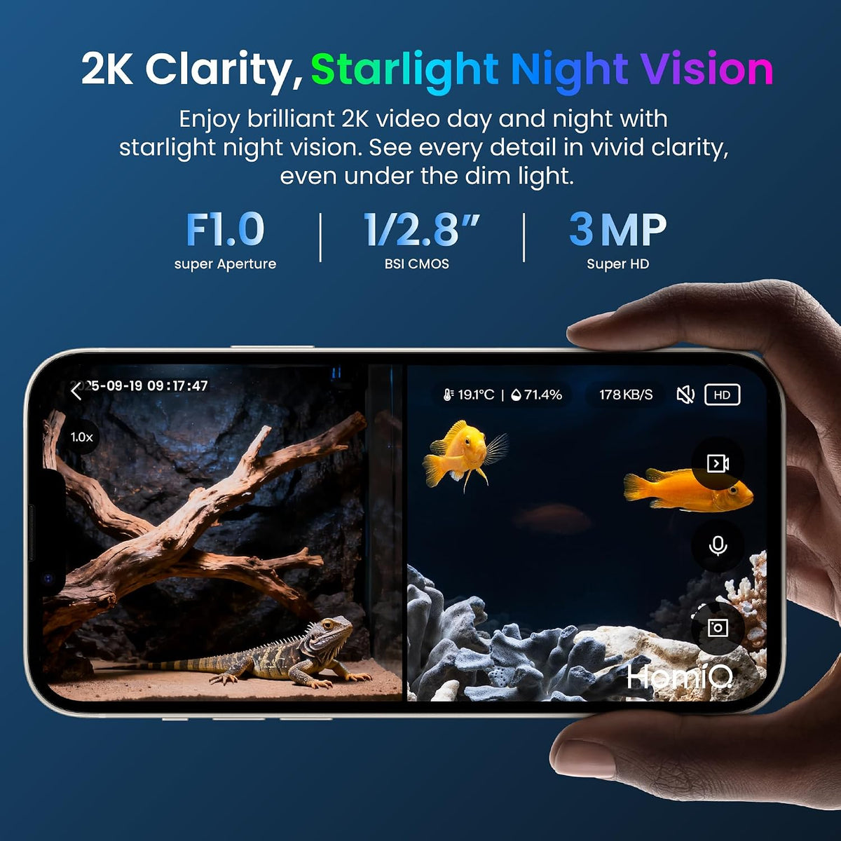 HomiQ Life pet camera mounted on glass aquarium