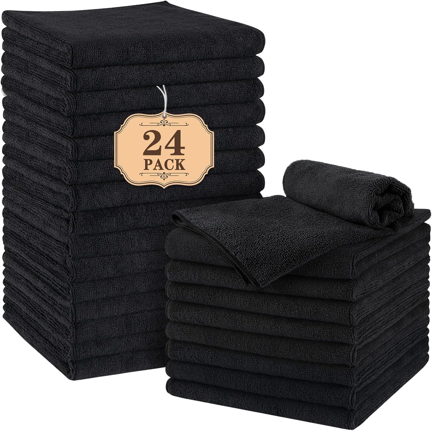 Orighty microfiber hair salon towels front view showing twenty four pack of folded black linens