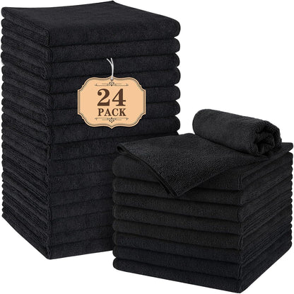 Orighty microfiber hair salon towels front view showing twenty four pack of folded black linens