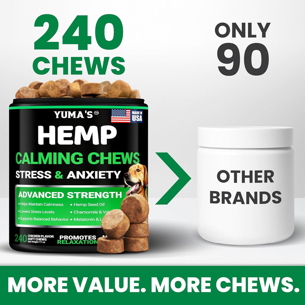 Yuma's dog calming treats side label showing ingredients like melatonin and hemp seed oil