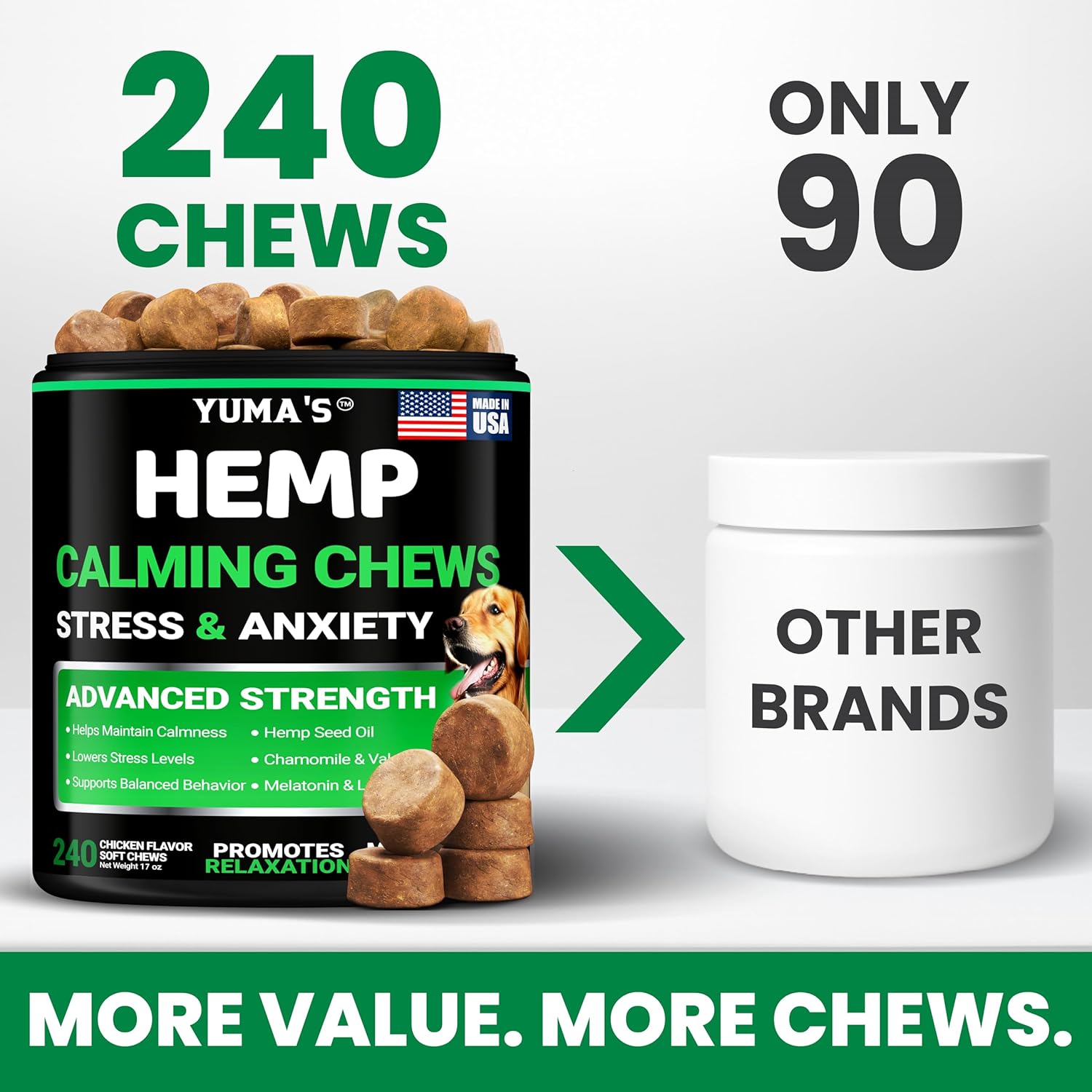 Yuma's dog calming treats side label showing ingredients like melatonin and hemp seed oil