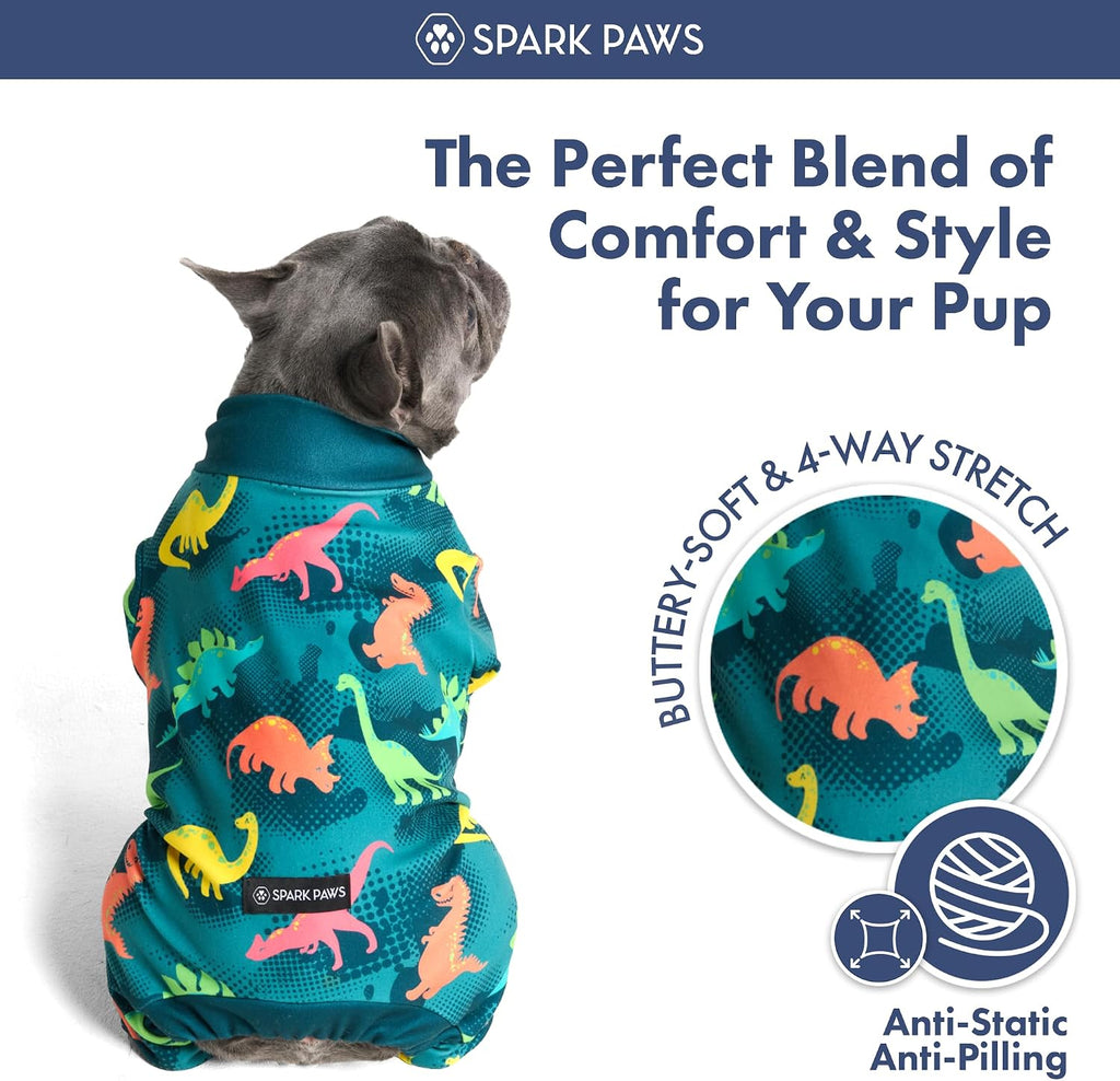 Spark Paws dog recovery suit male onesie showing the four-way stretch fabric flexibility.