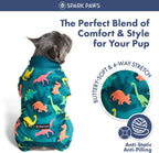 Spark Paws dog recovery suit male onesie showing the four-way stretch fabric flexibility.