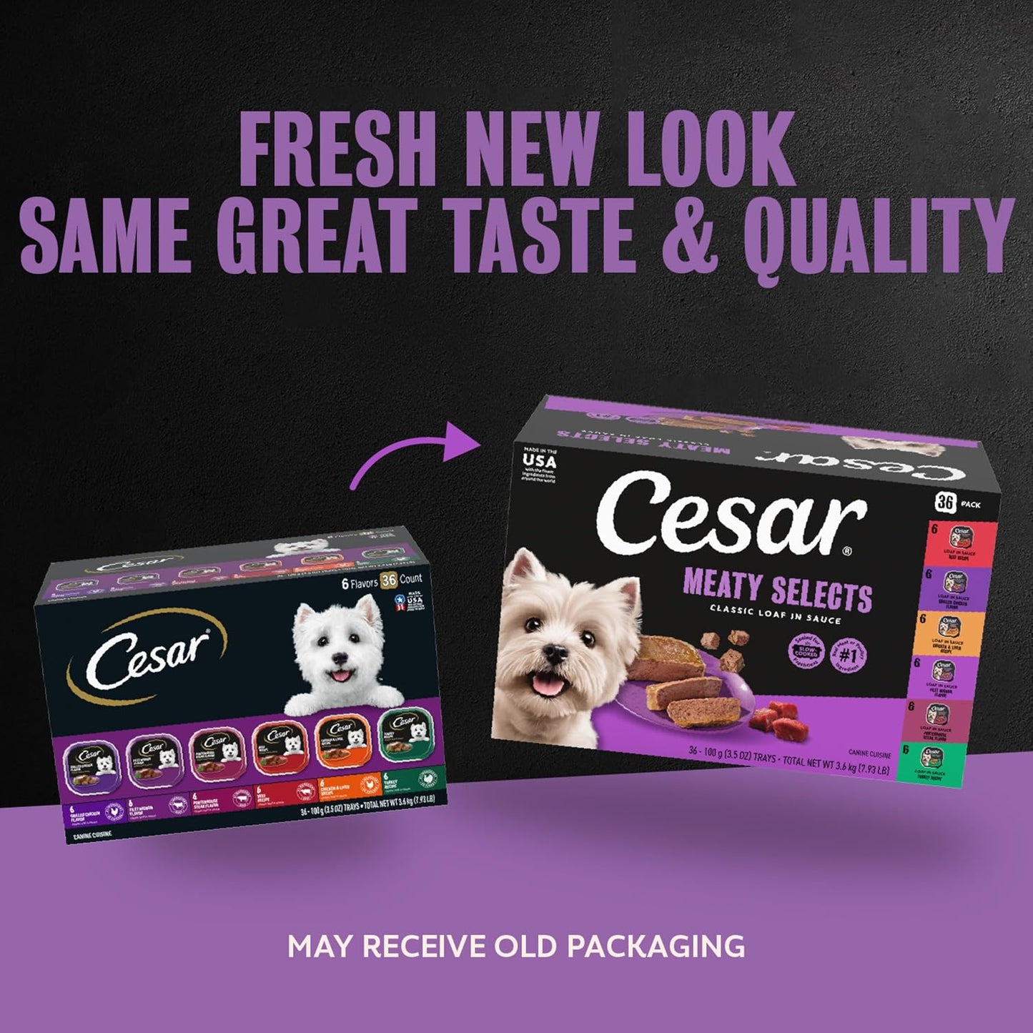 Cesar soft wet dog food 36 count box showing variety flavors