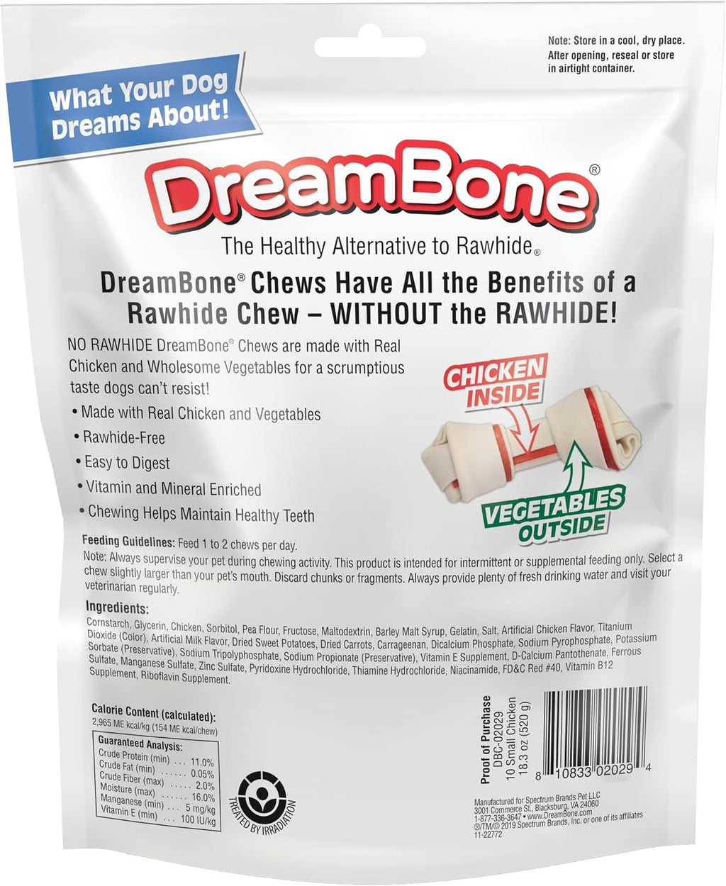 DreamBone rawhide free dog treats with real chicken and vegetables back packaging