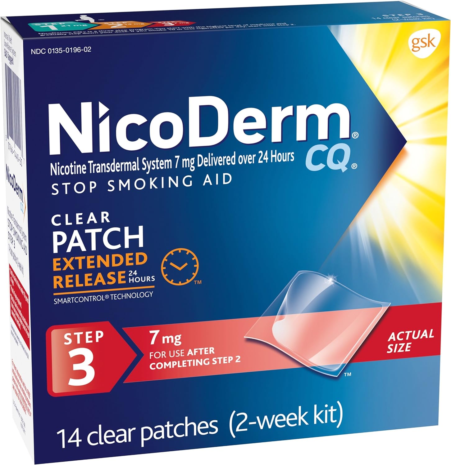 NicoDerm CQ Step 3 7mg 14 Clear Patches front packaging for smoking cessation.
