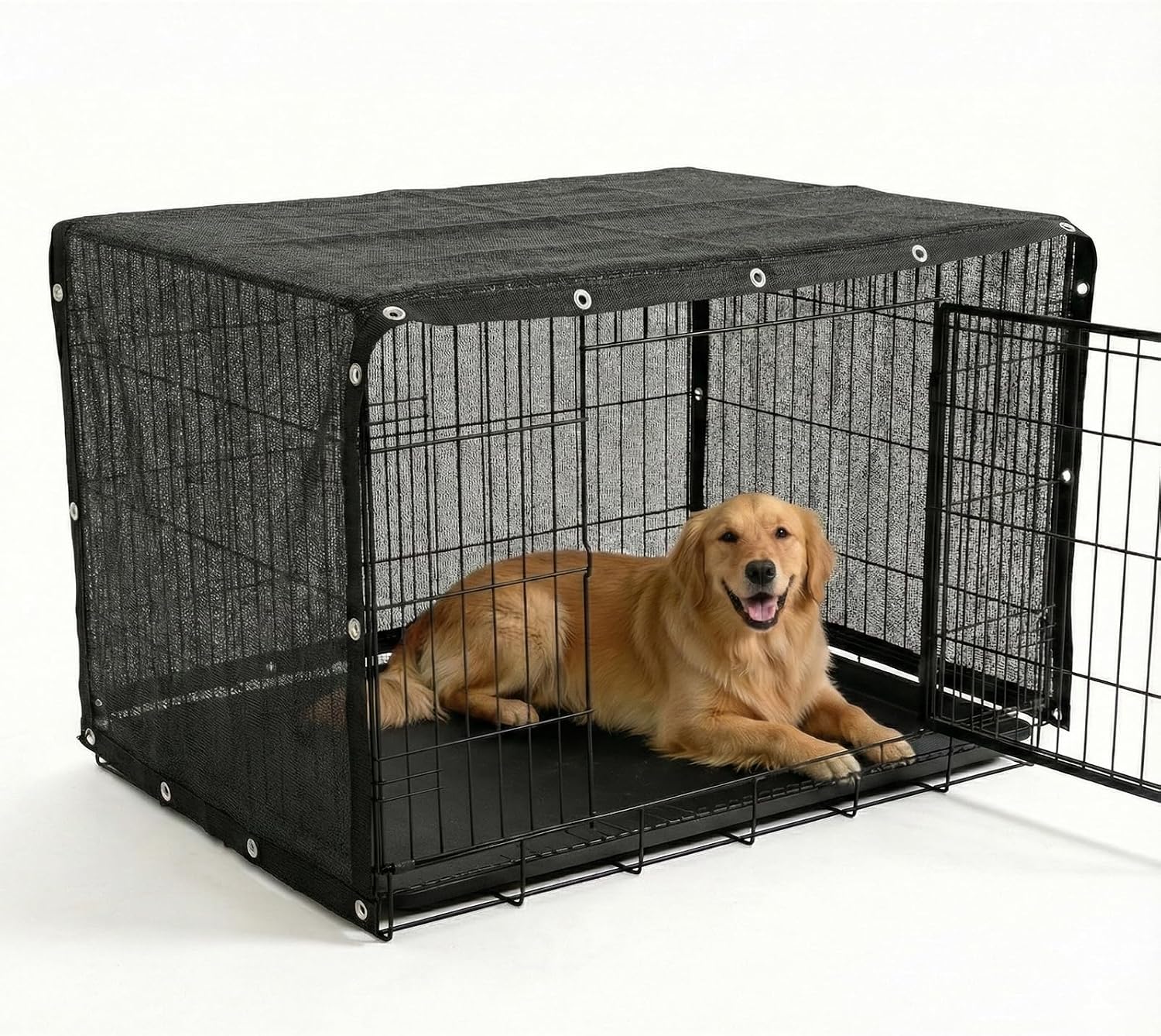 Amgo sun shade cloth for dog kennel front view showing black mesh texture