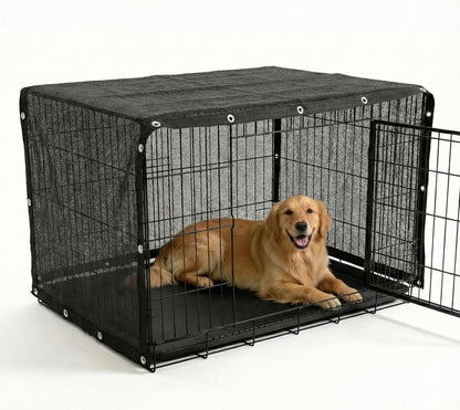 Amgo sun shade cloth for dog kennel front view showing black mesh texture