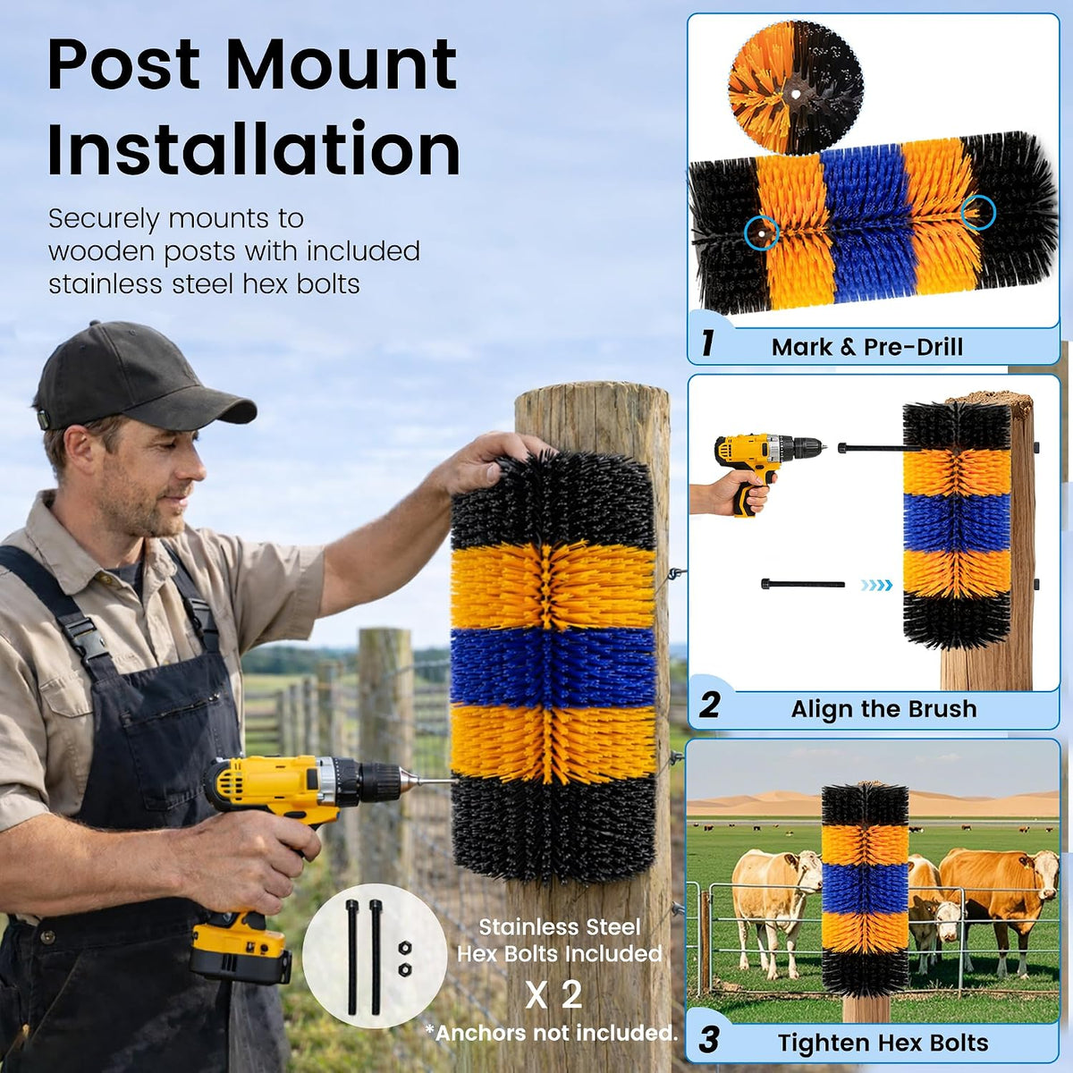 Two pieces of Joynny livestock scratching brushes with included installation hardware pack