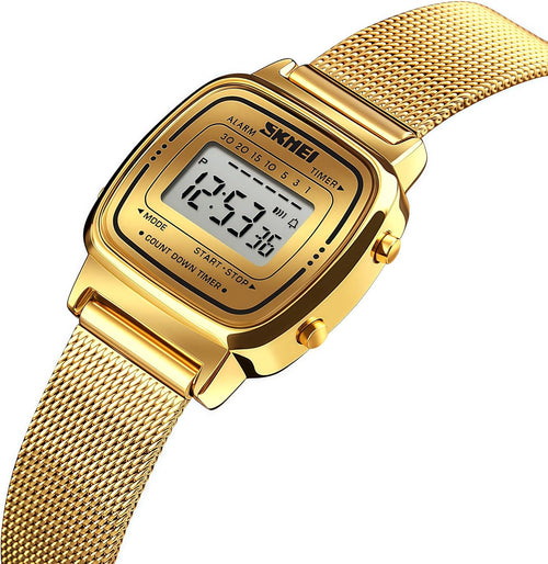 Close up view of the small dial and scratch resistant glass face on the minimalist ladies watch.