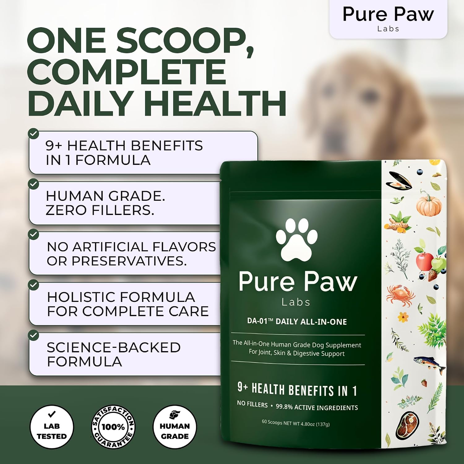 Pure Paw Labs human grade multivitamin dog powder label showcasing probiotic strains and premium ingredients.