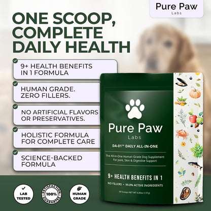 Pure Paw Labs human grade multivitamin dog powder label showcasing probiotic strains and premium ingredients.