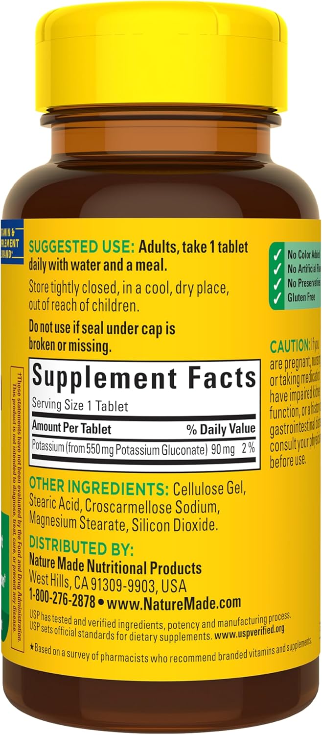 Nature Made Potassium Gluconate 550 mg one hundred day supply bottle top angle view
