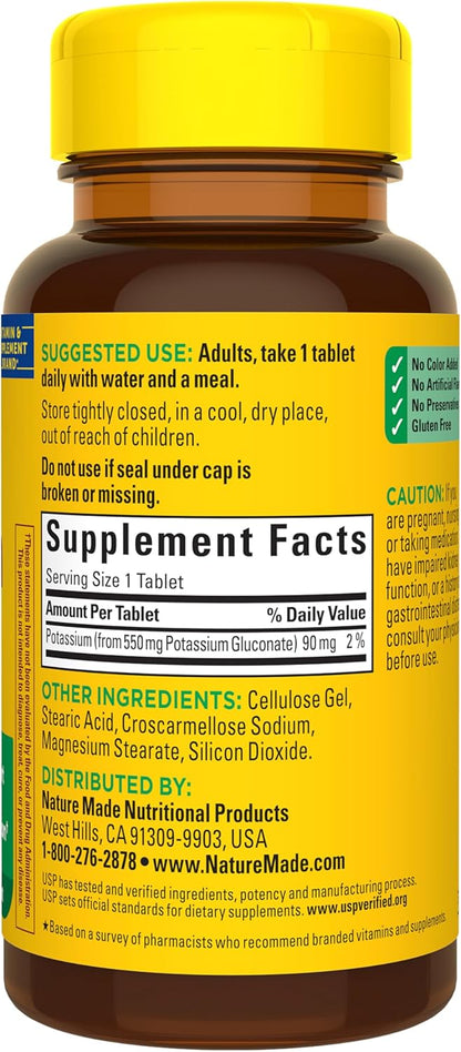 Nature Made Potassium Gluconate 550 mg one hundred day supply bottle top angle view