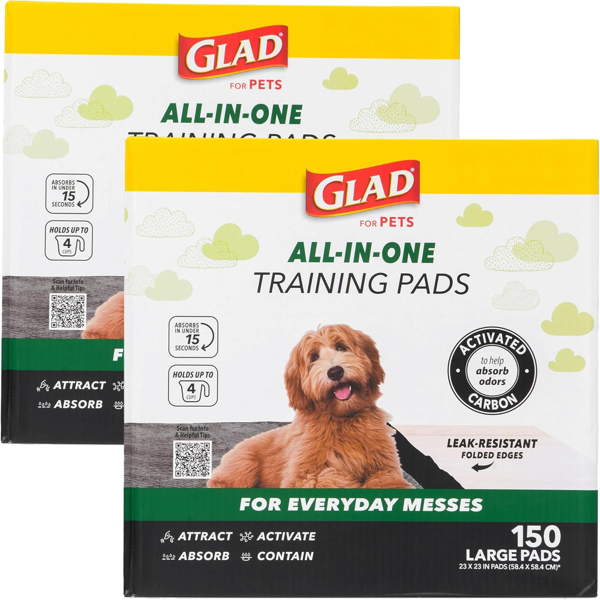 A puppy standing comfortably on the Glad activated carbon training pad for scale reference.