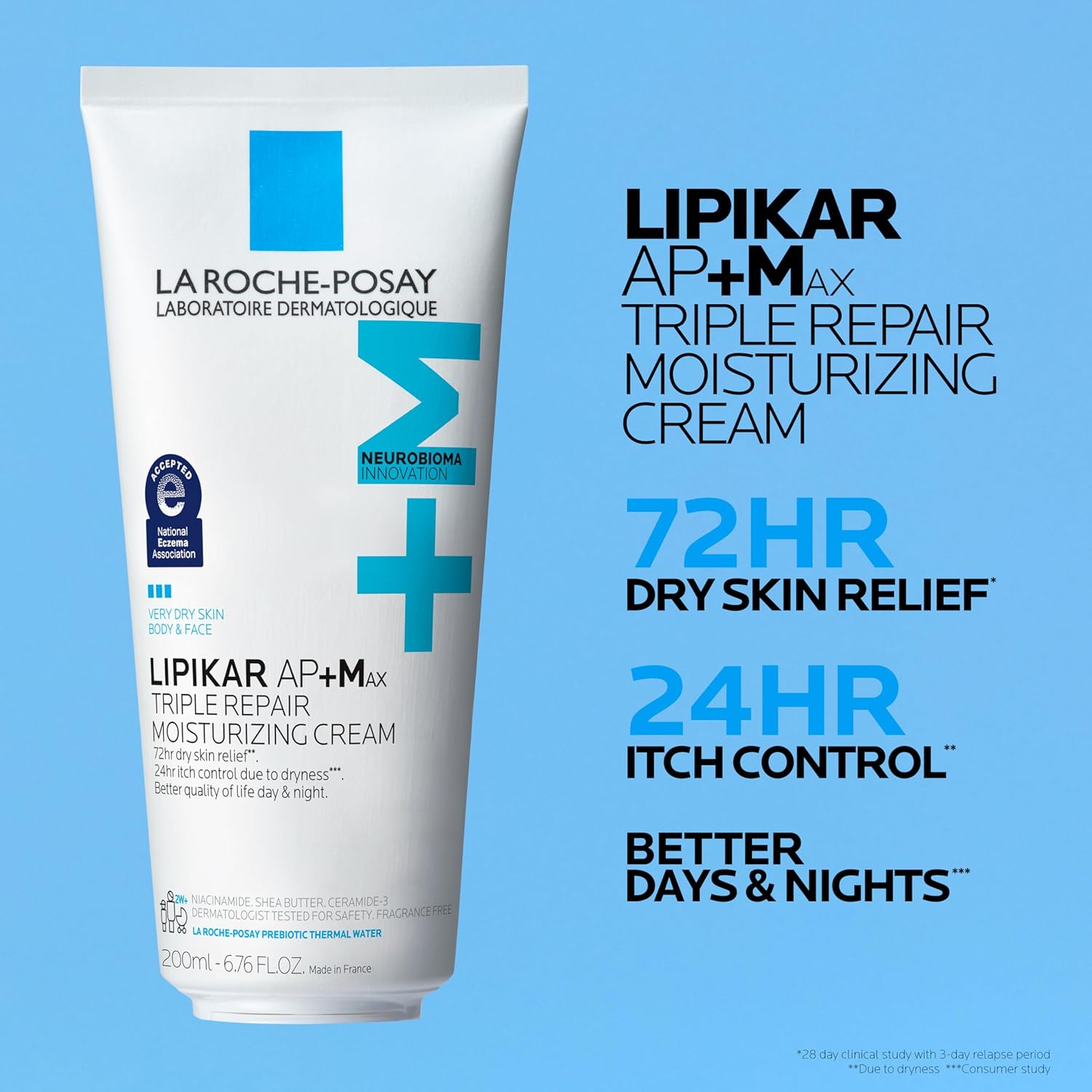 La Roche-Posay Lipikar AP+MAX 6.76 Fluid Ounce packaging detailing shea butter and niacinamide ingredients