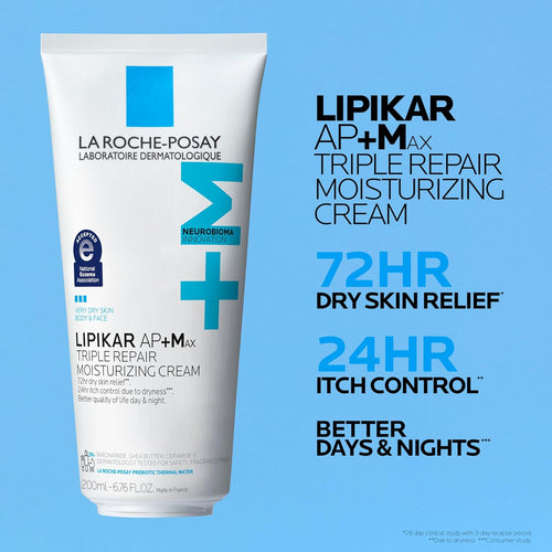 La Roche-Posay Lipikar AP+MAX 6.76 Fluid Ounce packaging detailing shea butter and niacinamide ingredients