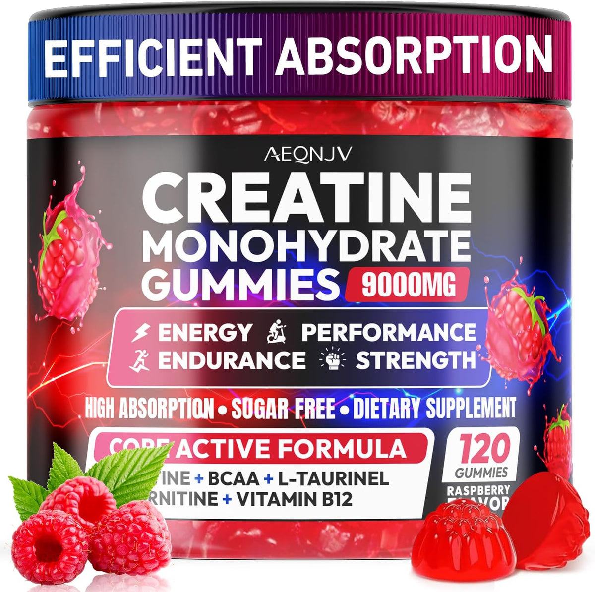 AEQNJV Creatine Monohydrate Complex 9000 Milligrams Gummies front view bottle packaging