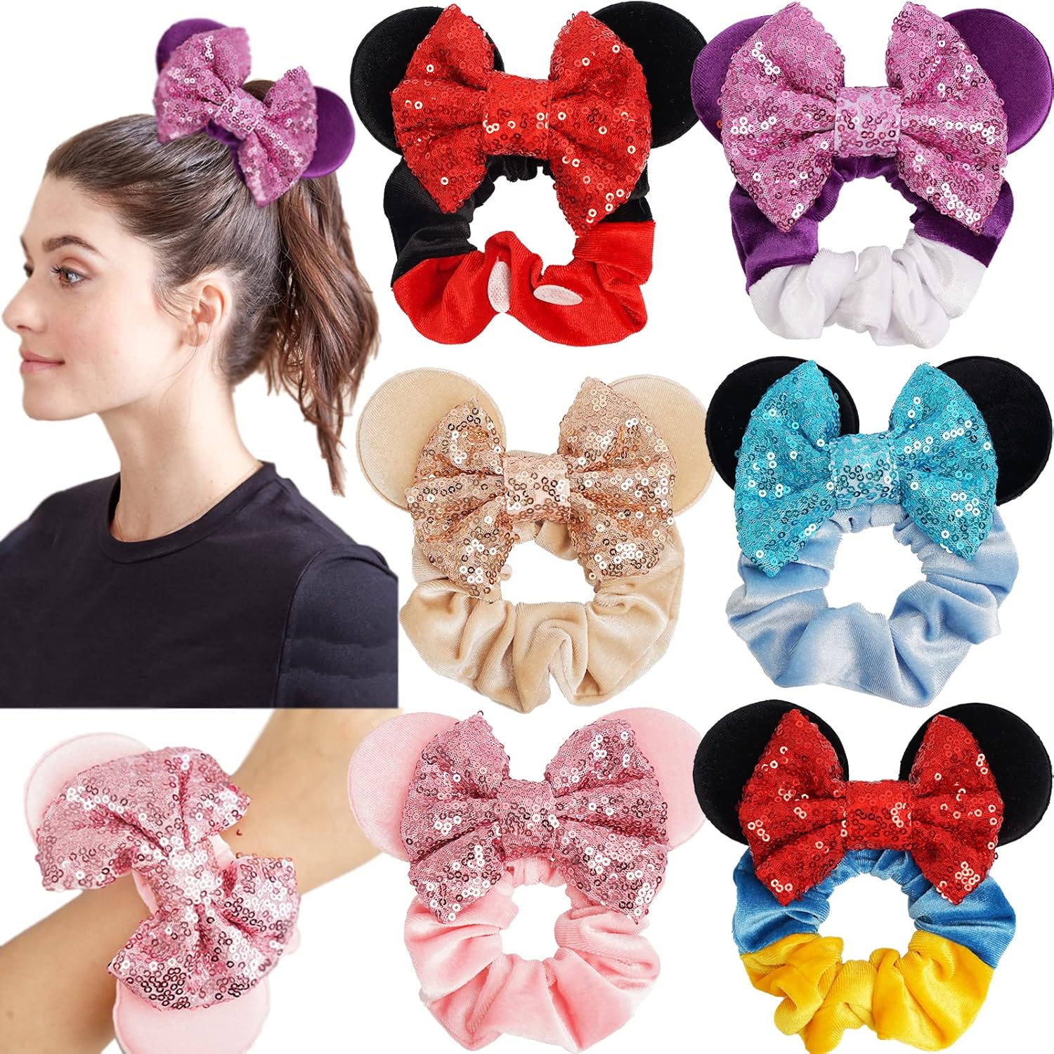 CellElection mouse ears velvet scrunchies front view showing six colorful sequin bow hair ties.