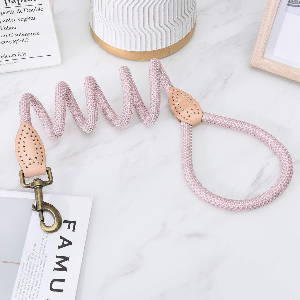 Mile High Life pink dog walking leash displayed to highlight the built in reflective safety threads