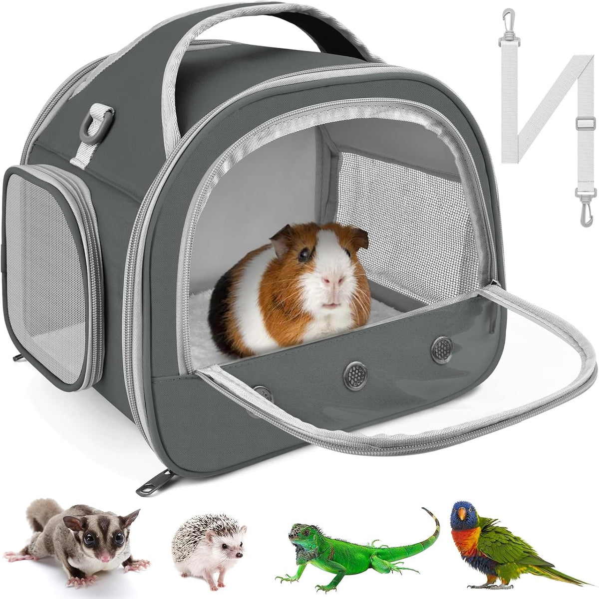 Bissap Bearded Dragon Travel Carrier, Portable Guinea Pig Carrier Bag Tortoise Carrier Pouch for Bunny Hamster Chinchilla Hedgehog Lizard Bird Outgoing Reptile Travel Carrying Case - Grey - Image 1