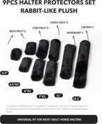 Breathable black fleece protective guards for horse halters during trailering.